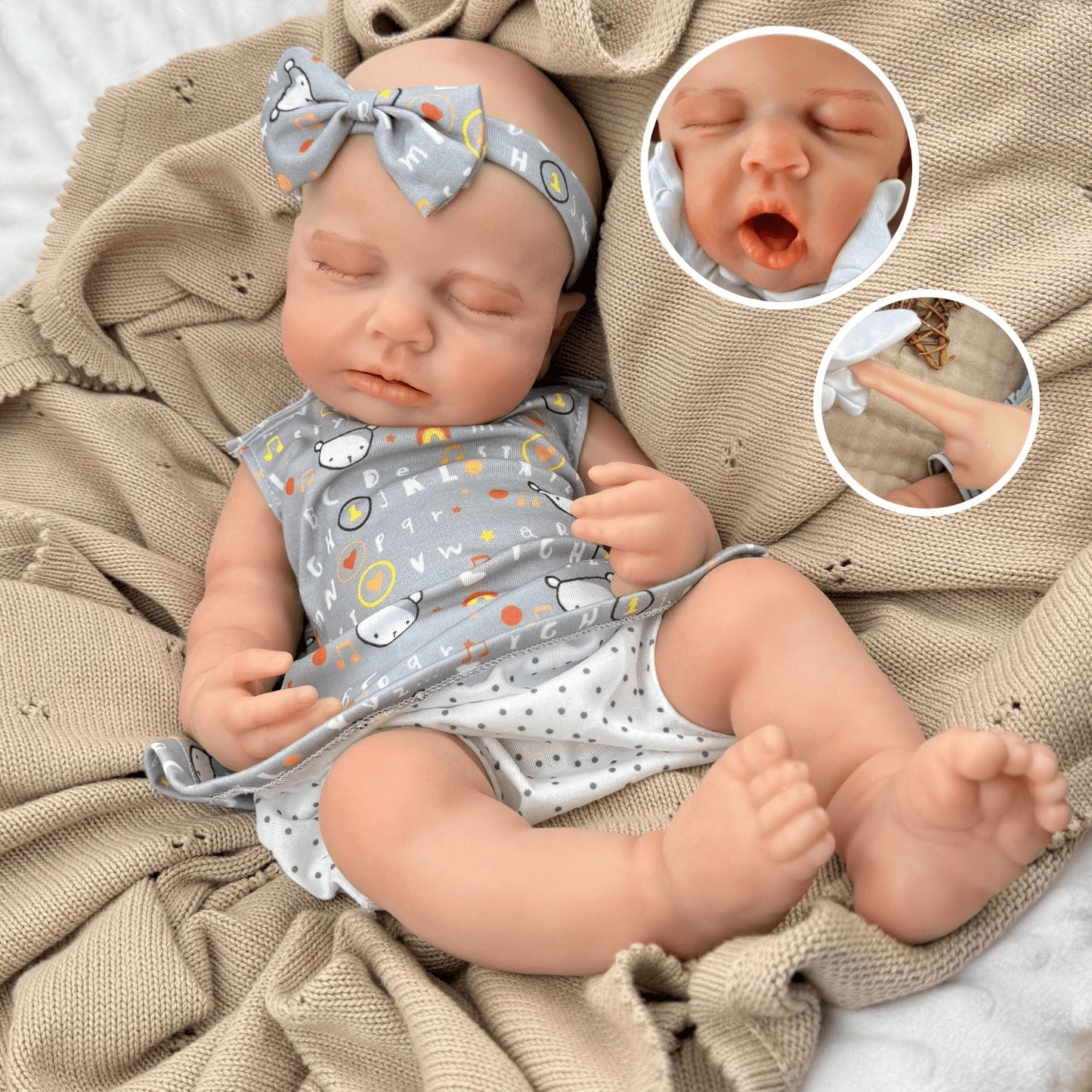 45cm Full Silicone Stretchable Asleep Loulou Reborn Girl in Gray Letter Print Outfits