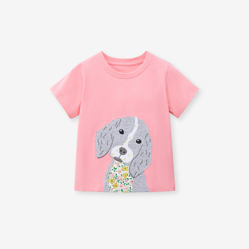 Cartoon Puppy Cotton Round Neck Short Sleeve T-shirt for Girls