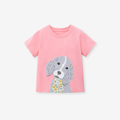 Cartoon Puppy Cotton Round Neck Short Sleeve T-shirt for Girls