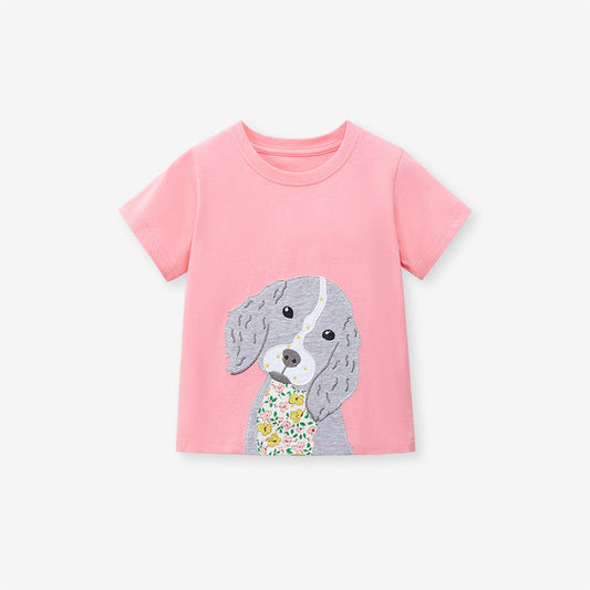 Cartoon Puppy Cotton Round Neck Short Sleeve T-shirt for Girls