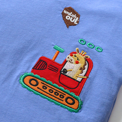 Boys' Solid Color Crew Neck Short Sleeve Cartoon T-Shirt