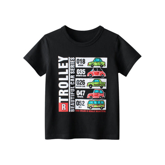 Black crew neck short sleeve t-shirt with car print