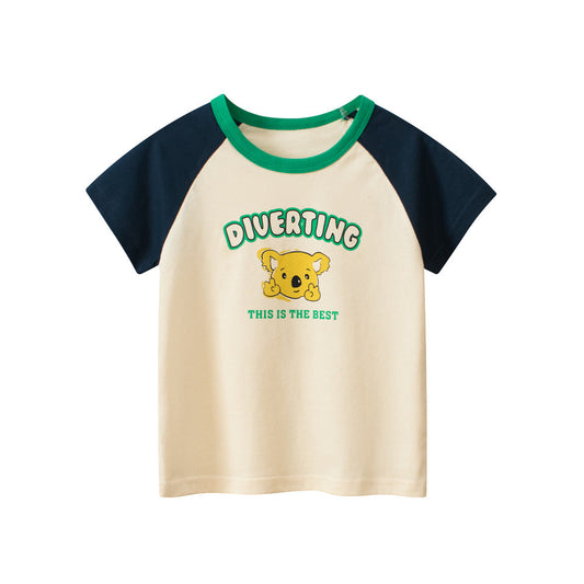 Cartoon Koala Letter Color Block Crew Neck Short Sleeve T-Shirt