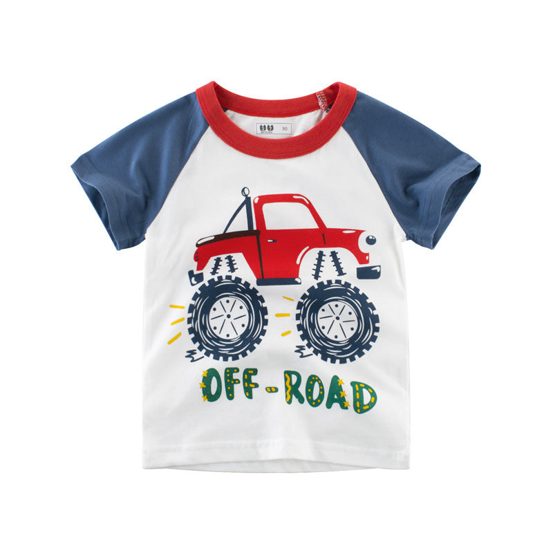 Cartoon Car Color Block Short Sleeve T-Shirt