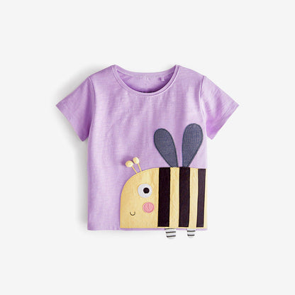 Girls' T-shirt, round neck short sleeve, sweat-absorbent cartoon cotton