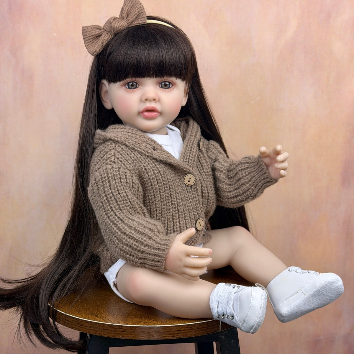 55cm Long Hair Reborn Baby Girl In Brown Sweater-Betty
