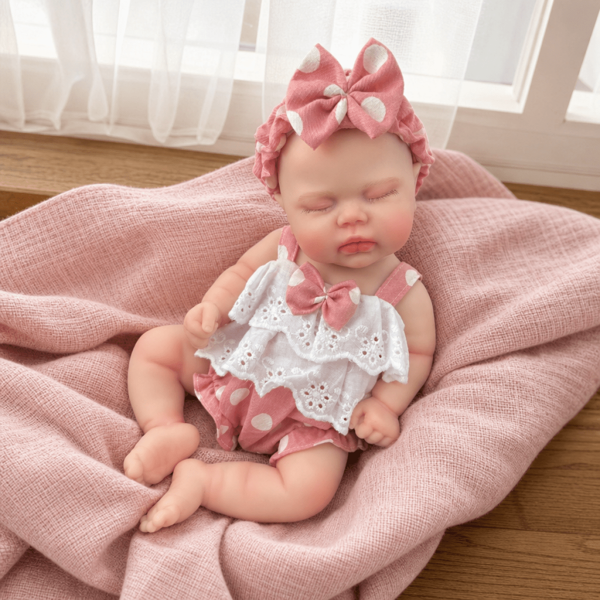 30cm Lifelike Soft Silicone Asleep Pickle Reborn Doll Girl In Pink Polk Dot Clothes