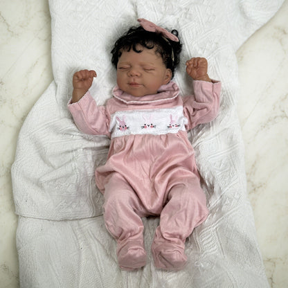 48cm Lifelike Soft Body Dark Skin Sleeping Reborn Doll Pascale In Pink Clothes
