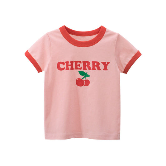 Short-sleeved cotton T-shirt with strawberry pink print
