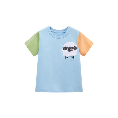 Color block round neck short sleeve T-shirt with cartoon sheep