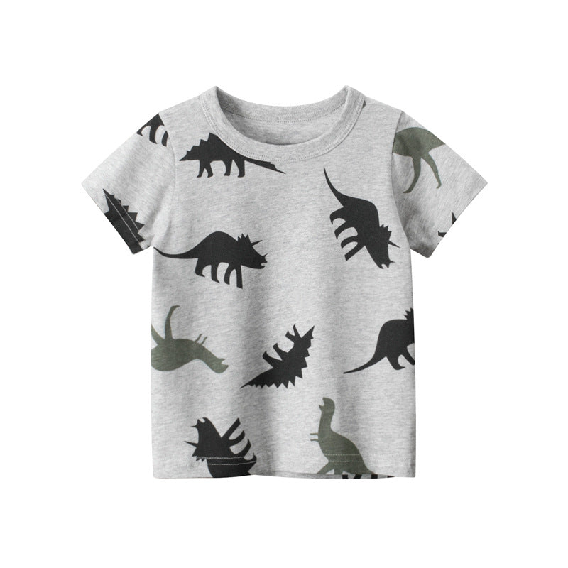 Gray Cartoon Dinosaur Print Round Neck Short Sleeve T-Shirt