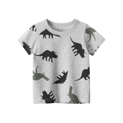 Gray Cartoon Dinosaur Print Round Neck Short Sleeve T-Shirt