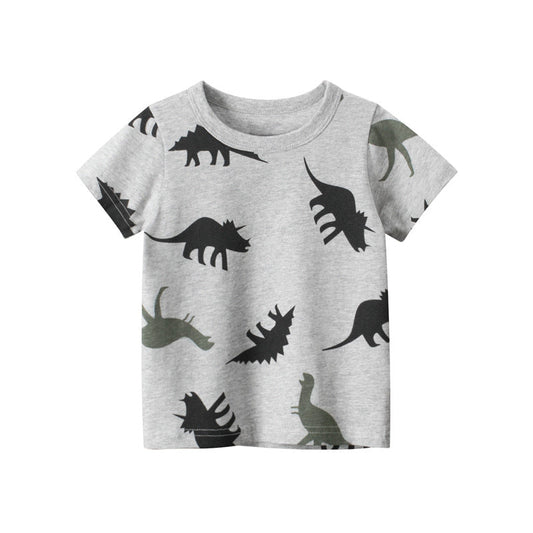 Gray Cartoon Dinosaur Print Round Neck Short Sleeve T-Shirt