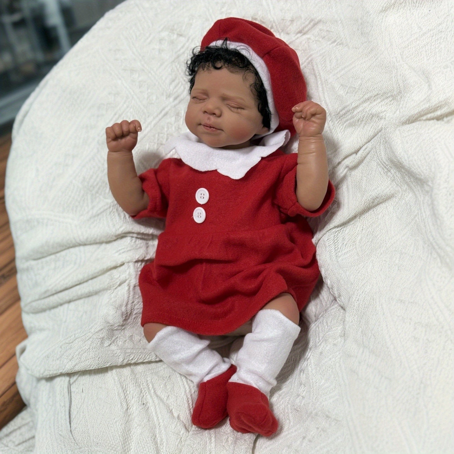 19 Inches Lifelike Closed Eyes Dark Skin Reborn Doll In Christmas Clothes-Pascale