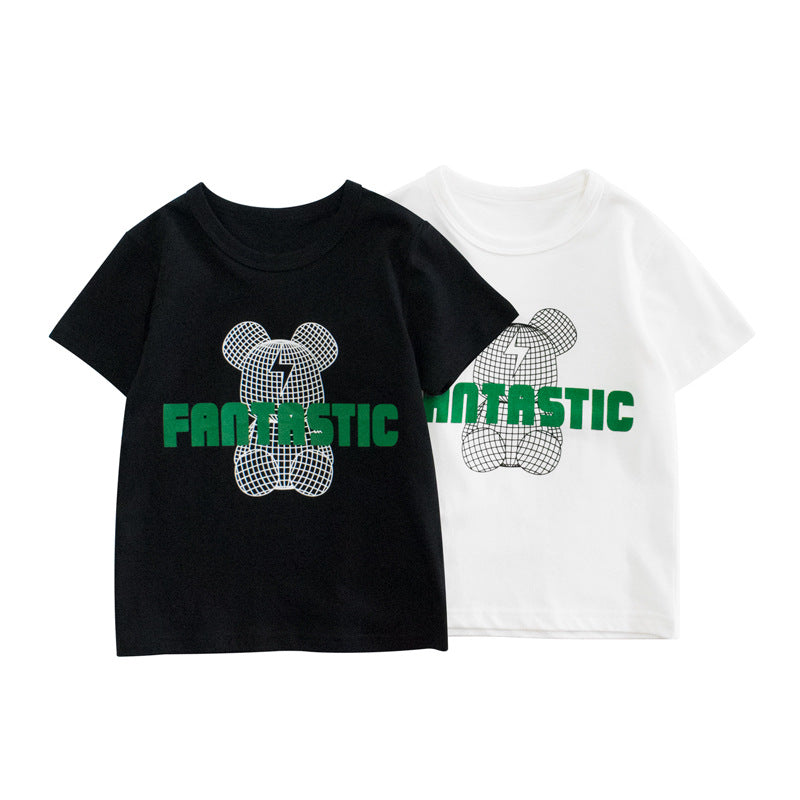Solid color bear letter print round neck short sleeve T-shirt