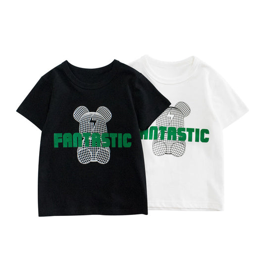 Solid color bear letter print round neck short sleeve T-shirt