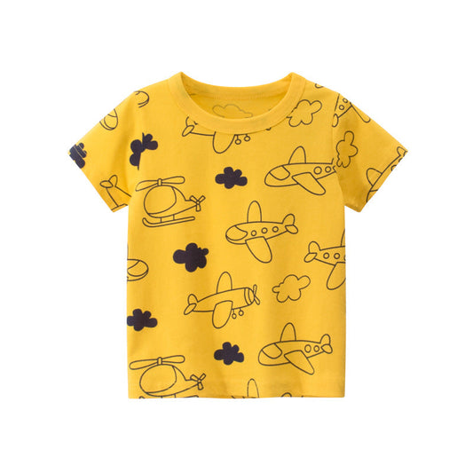 Yellow Cloud and Airplane Motif Crew Neck Short Sleeve T-Shirt