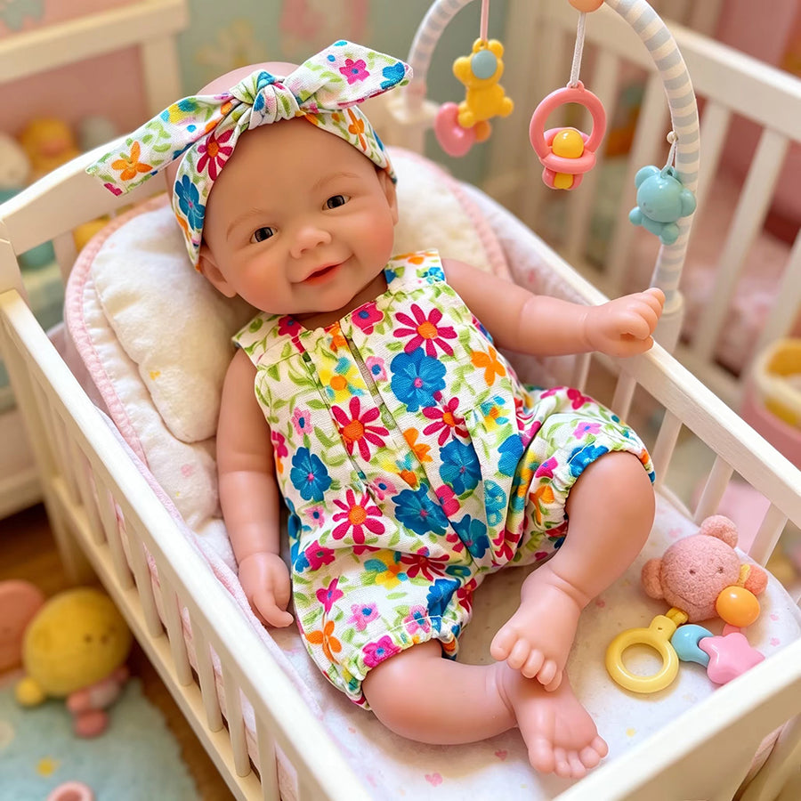 20cm Full Silicone Vivienne Mini Reborn Baby Girl in Floral Jumpsuit