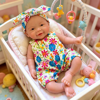 20cm Full Silicone Vivienne Mini Reborn Baby Girl in Floral Jumpsuit
