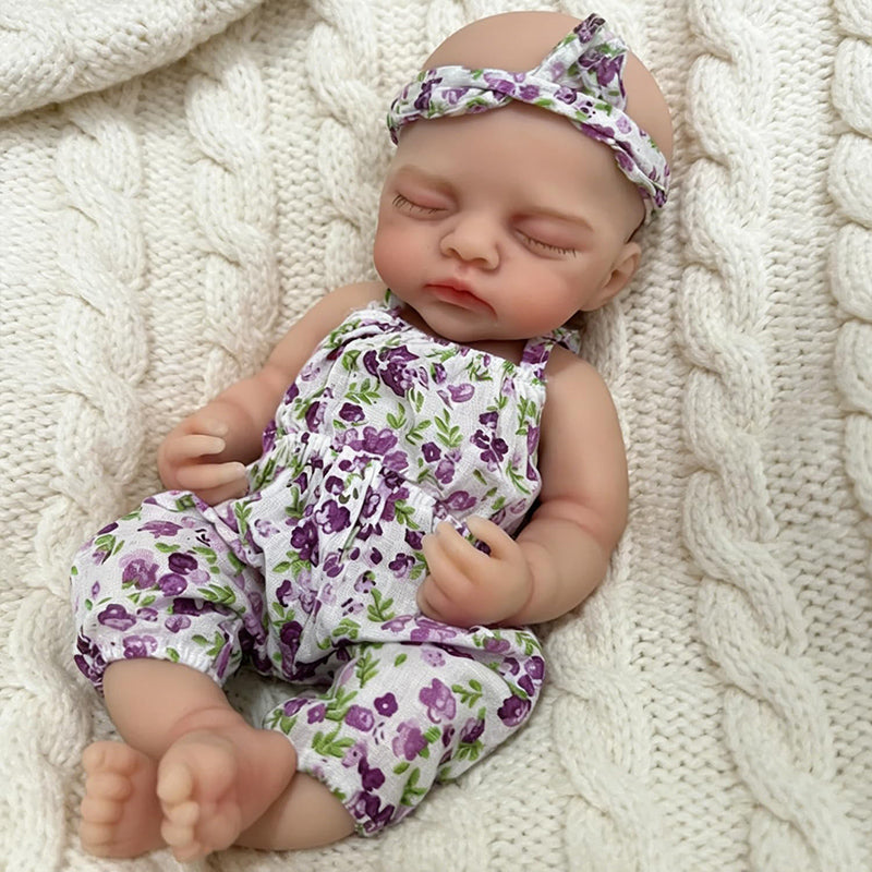 30cm Full Silicone Irys Reborn Doll Girl in Purple Floral Rompers