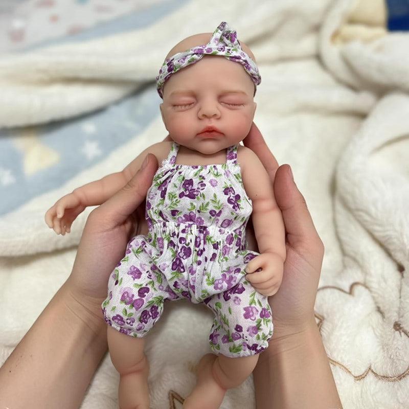 30cm Full Silicone Irys Reborn Doll Girl in Purple Floral Rompers