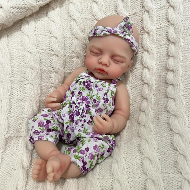 30cm Full Silicone Irys Reborn Doll Girl in Purple Floral Rompers