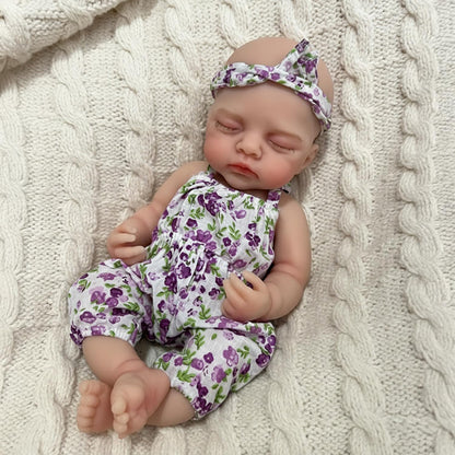 30cm Full Silicone Irys Reborn Doll Girl in Purple Floral Rompers