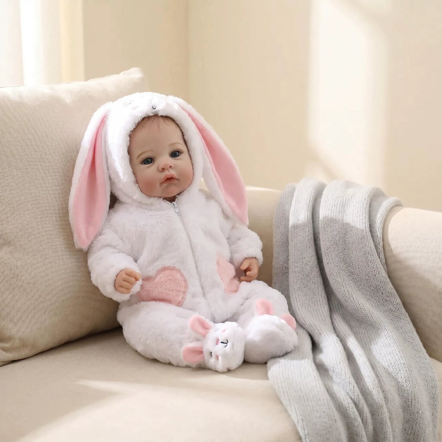 18 Inches Blue Eyes Reborn Baby Girl In White Rabbit Outfits-Meadow