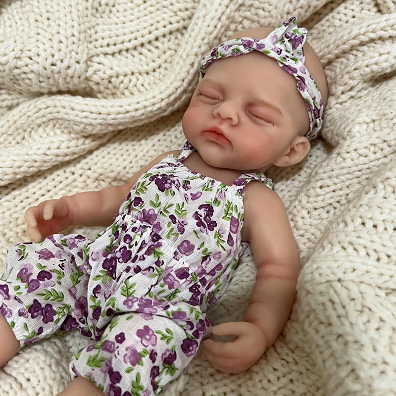 30cm Full Silicone Irys Reborn Doll Girl in Purple Floral Rompers
