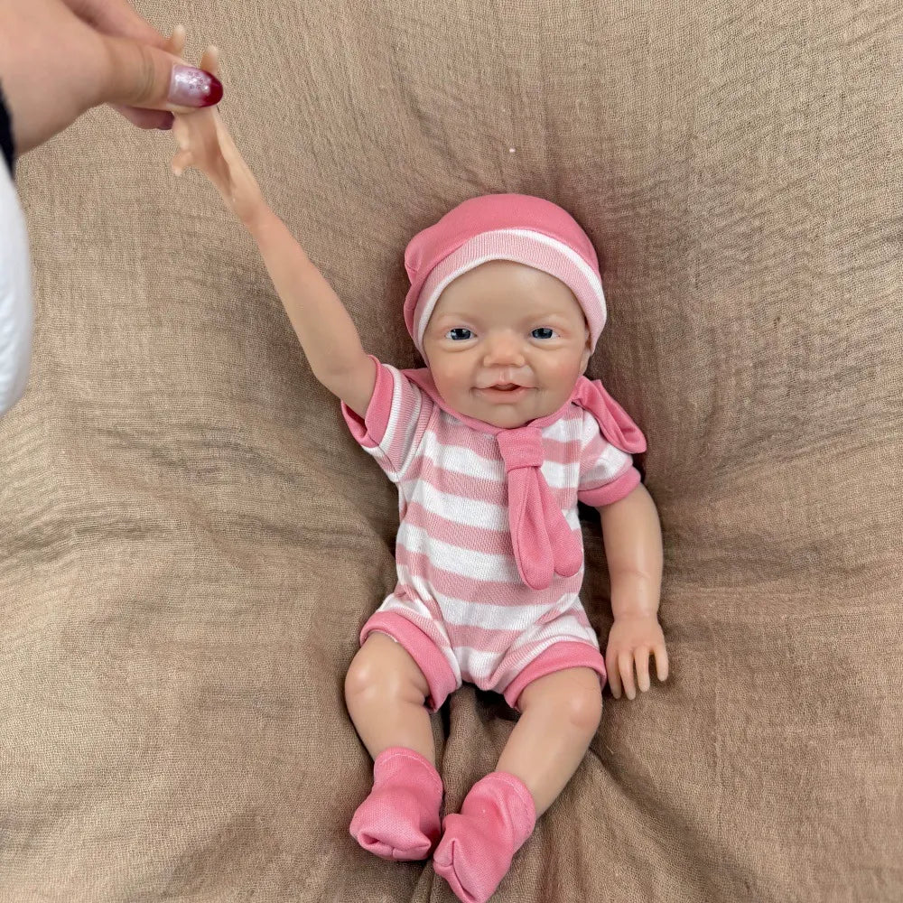 30cm Lifelike Smile Full Silicone Blue Eyes  Charlie Reborn Girl in Pink Stripe Clothes