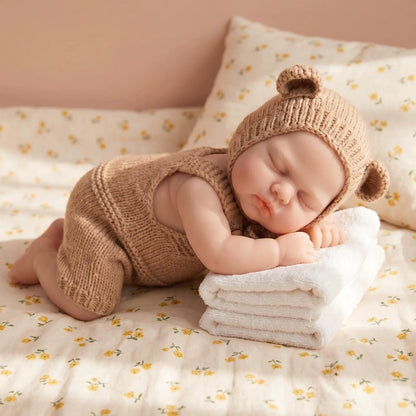 30cm Full Silicone Closed Eyes Reborn Doll Girl Pickle in Brown Outfits