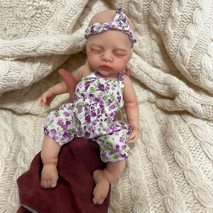 30cm Full Silicone Irys Reborn Doll Girl in Purple Floral Rompers