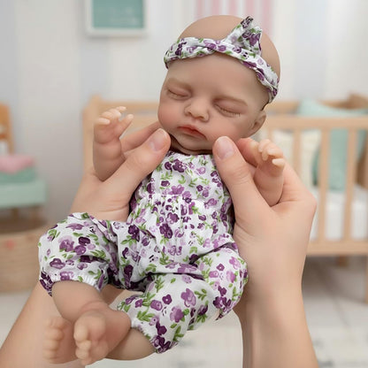 30cm Full Silicone Irys Reborn Doll Girl in Purple Floral Rompers