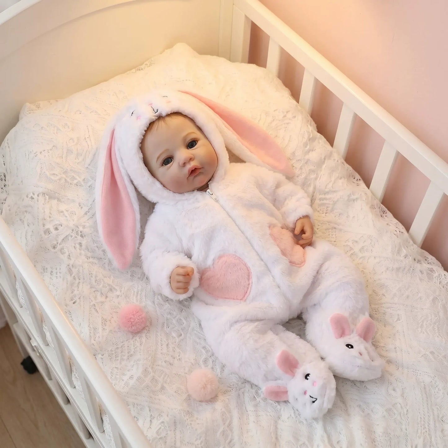 18 Inches Blue Eyes Reborn Baby Girl In White Rabbit Outfits-Meadow