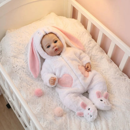 18 Inches Blue Eyes Reborn Baby Girl In White Rabbit Outfits-Meadow