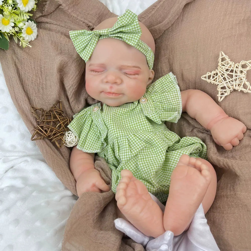 45cm Full Silicone Stretchable Sleep Pascale Reborn Girl in Green Plaid Outfits