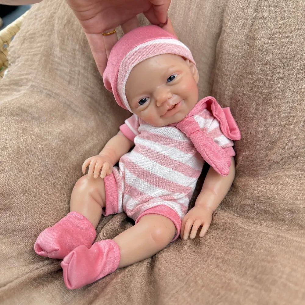 30cm Lifelike Smile Full Silicone Blue Eyes  Charlie Reborn Girl in Pink Stripe Clothes