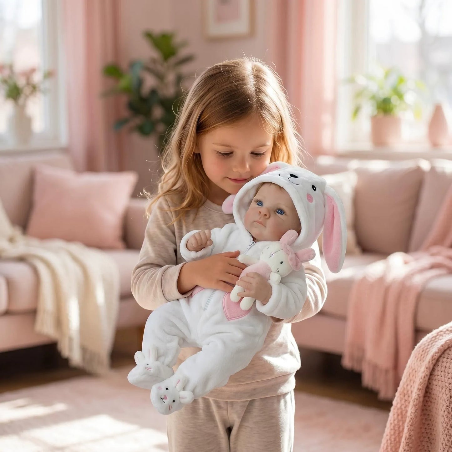 18 Inches Blue Eyes Reborn Baby Girl In White Rabbit Outfits-Bettie