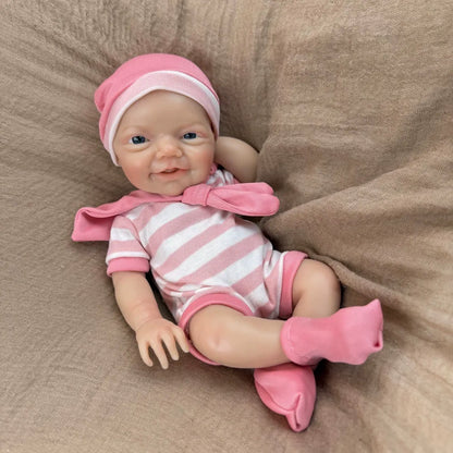 30cm Lifelike Smile Full Silicone Blue Eyes  Charlie Reborn Girl in Pink Stripe Clothes