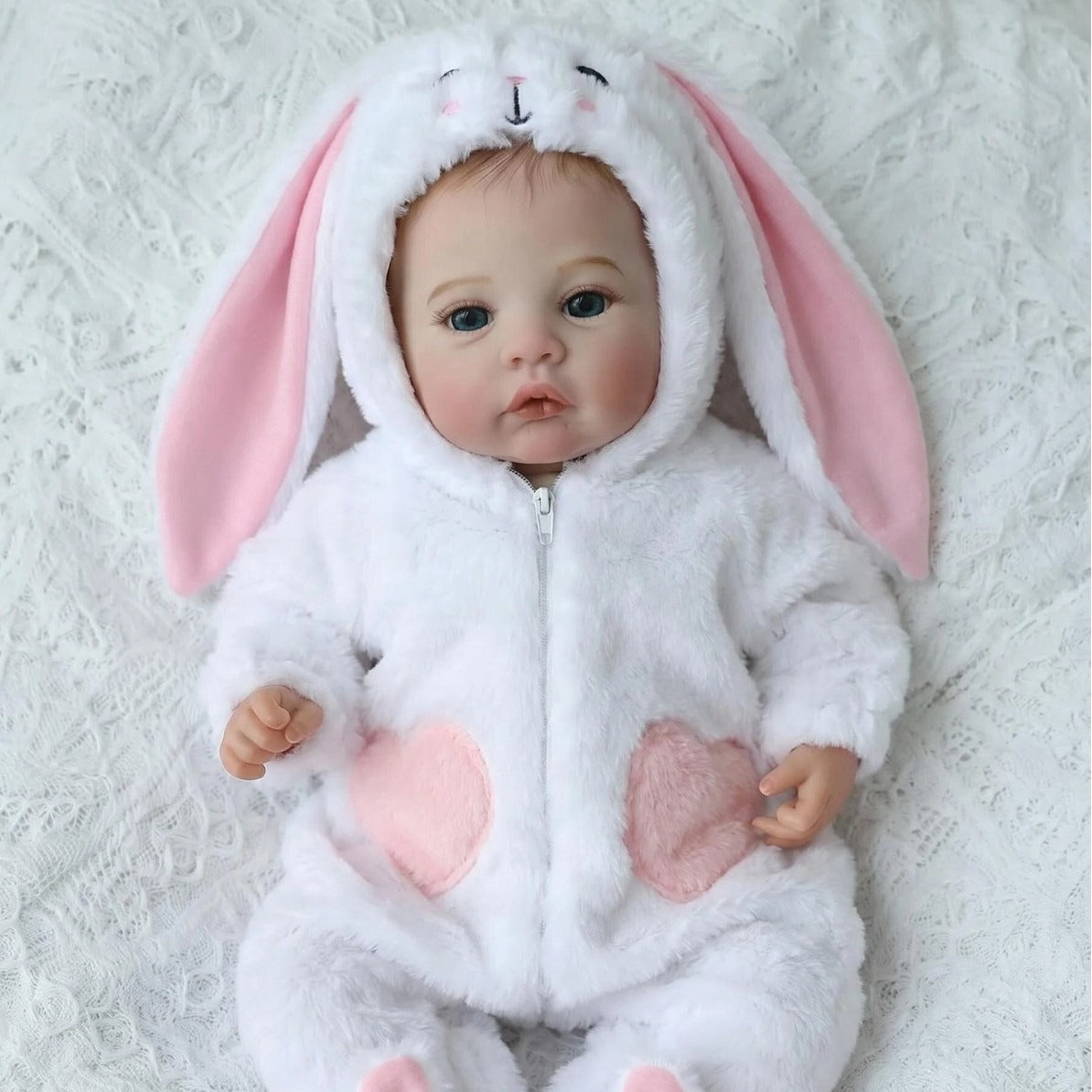18 Inches Blue Eyes Reborn Baby Girl In White Rabbit Outfits-Meadow