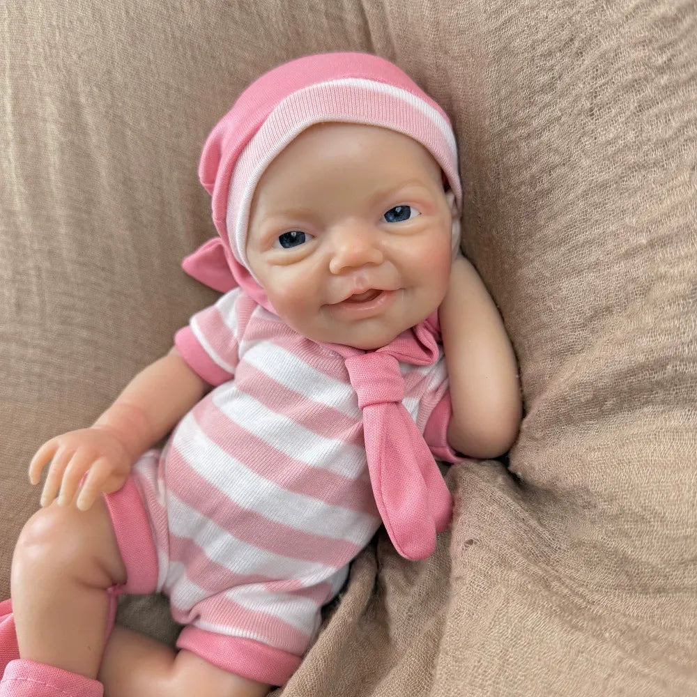 30cm Lifelike Smile Full Silicone Blue Eyes  Charlie Reborn Girl in Pink Stripe Clothes