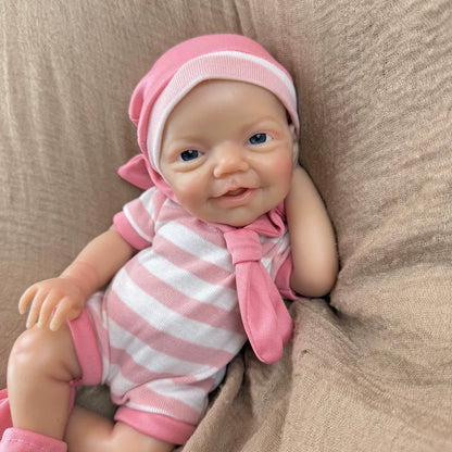 30cm Lifelike Smile Full Silicone Blue Eyes  Charlie Reborn Girl in Pink Stripe Clothes