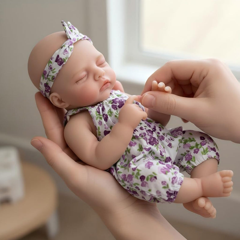 30cm Full Silicone Irys Reborn Doll Girl in Purple Floral Rompers