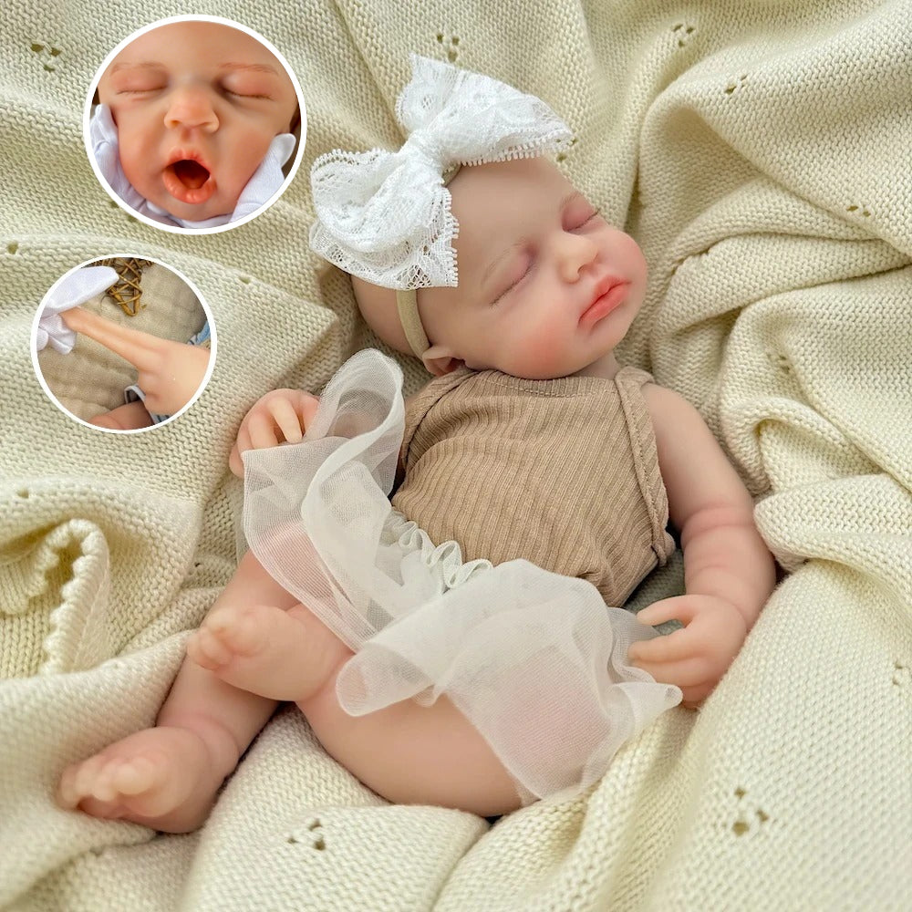30cm Lifelike Full Silicone Closed Eyes Loulou Reborn Doll Girl in Coffee Dress
