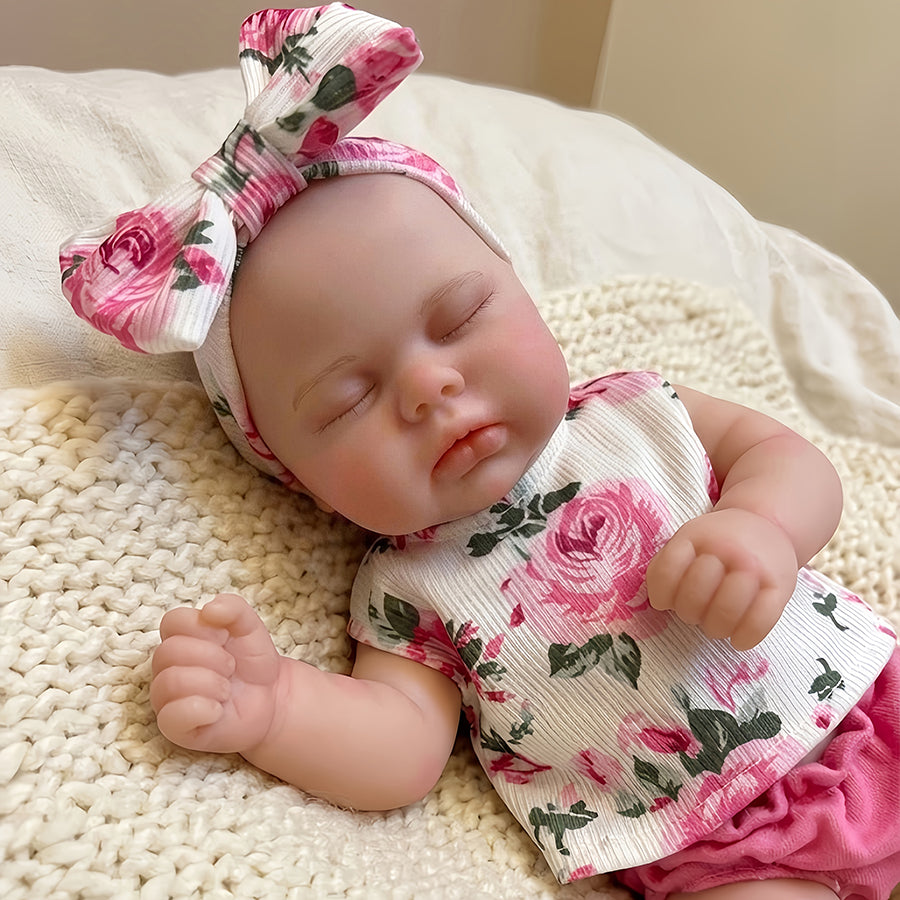 30cm Full Silicone Closed Eyes Pickle Reborn Doll Girls In Floral Outfits