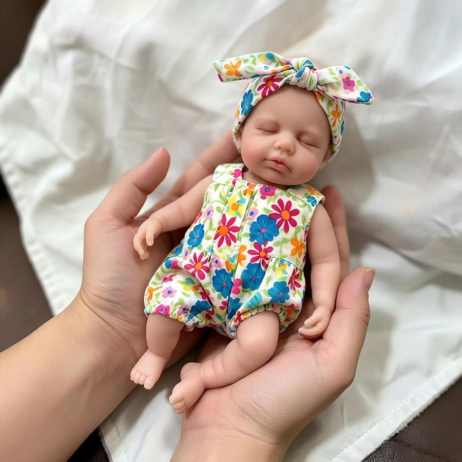 20cm Full Silicone Loulou Mini Reborn Baby Girl in Floral Jumpsuit