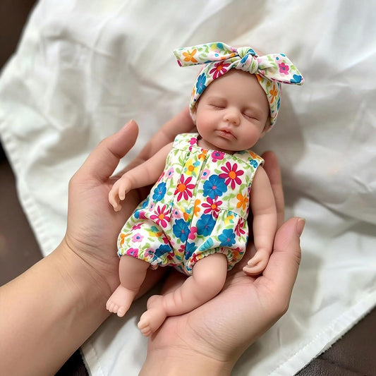20cm Full Silicone Loulou Mini Reborn Baby Girl in Floral Jumpsuit