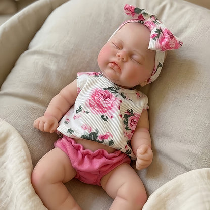30cm Full Silicone Closed Eyes Pickle Reborn Doll Girls In Floral Outfits