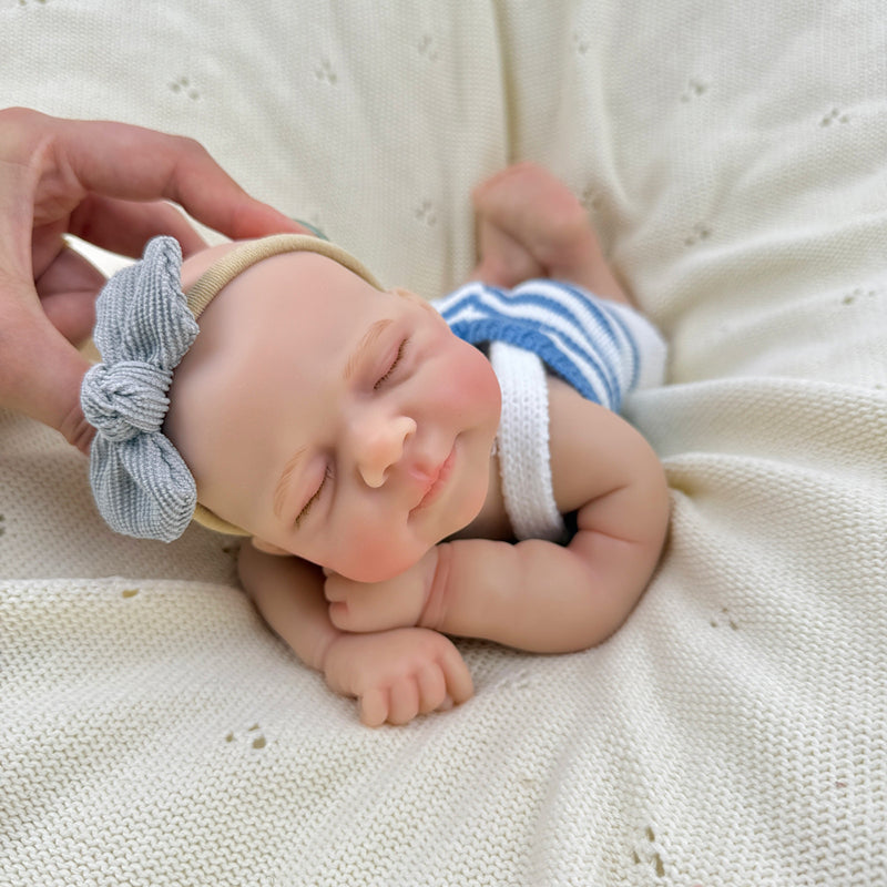 30cm Lifelike Full Silicone Closed Eyes Pascale Reborn Baby Girl in Blue Stripe Outfits