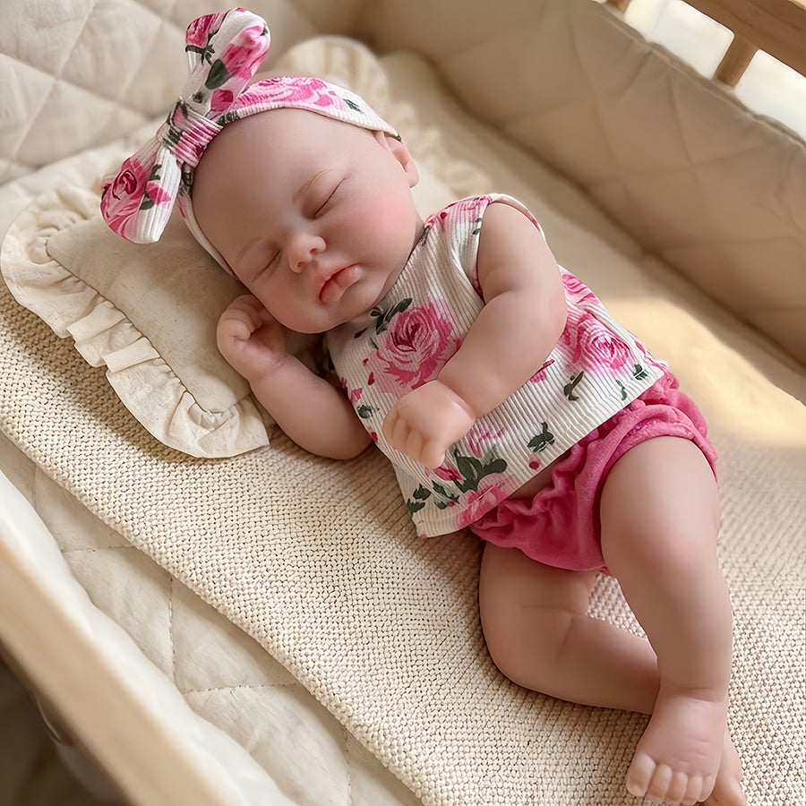 30cm Full Silicone Closed Eyes Pickle Reborn Doll Girls In Floral Outfits